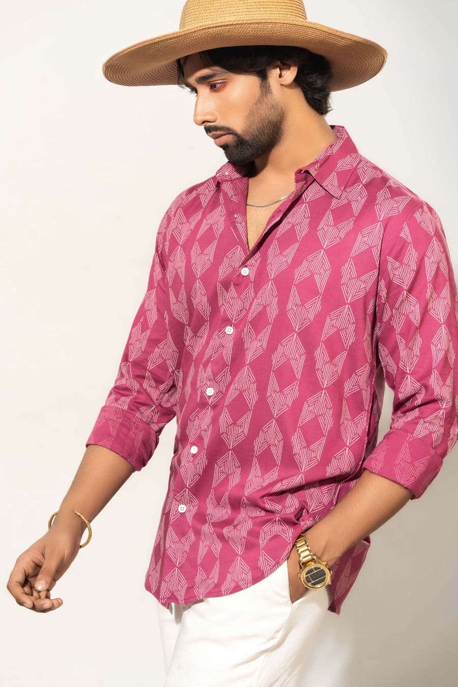 Man wearing a red printed casual shirt