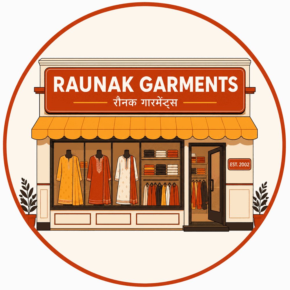 Illustration of the Raunak Garments shopfront, with kurtis displayed in the window
